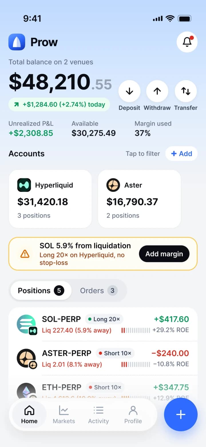 Prow home on iPhone: $48,210 across Hyperliquid and Aster, positions sorted by distance to liquidation